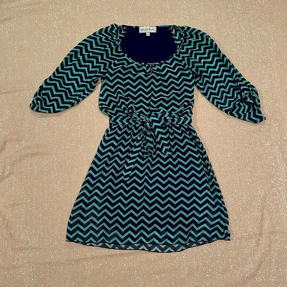Mint and navy zig zag pattern chiffon dress, size S